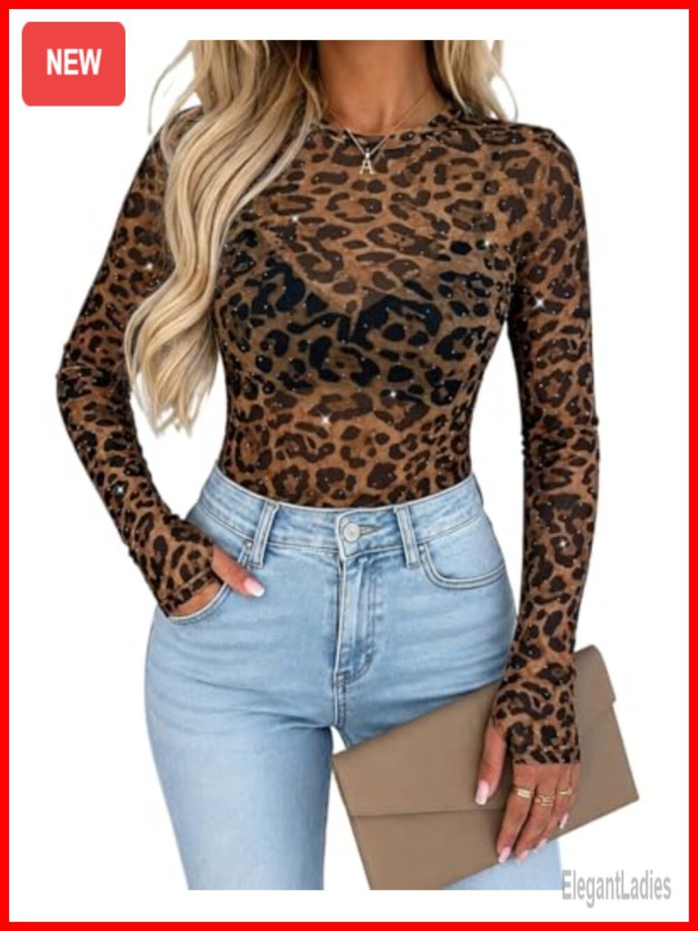 Rhinestone Mesh Top Sheer Long Sleeve Thumb Hole Party Blouse
